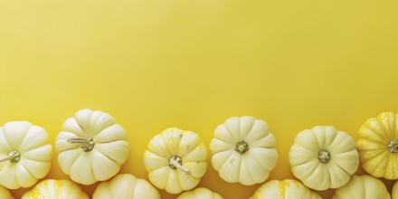 Banner with small yellow pumpkins on yellow background with copy space. Generative Ai, AI generated