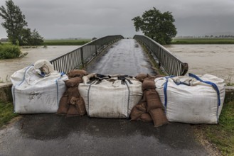 Sandbags in front of a bridge, high water, flooding, climate change, Whitsun floods 2013,