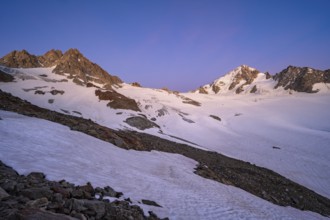 High alpine mountain landscape at sunset, Glacier du Tour, glacier and mountain peak, summit of the