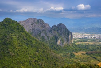 Panorama of Vang Vieng and the Kart landscape from Pha Ngern View Point, Vientiane Province, Laos,