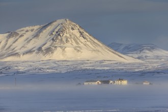 Farm in a snowstorm in front of mountains, windy, sunny, Myvatn, Iceland, Europe