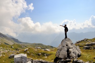 Ten-year-old boy hiking, Nebelhorn, Allgäu Alps, Bavaria, Germany, Europe