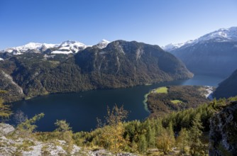 View of the Königssee from the Rinnkendlsteig mountain hiking trail, autumnal forest and