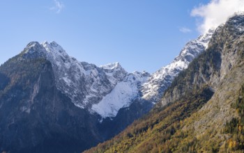 Snow-covered Watzmann massif, autumnal mountain landscape, Berchtesgaden National Park,