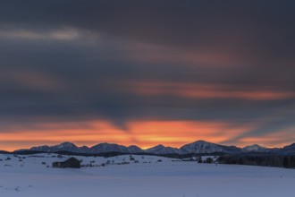 Dawn, cloudy mood, snow, winter, hut, near Habach, view of Kochler mountains, Alpine foothills,