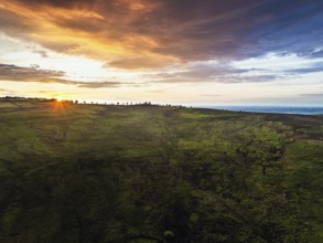 Sunset over Cod Beck Reservoir from a drone, North York Moors National Park, North Yorkshire,