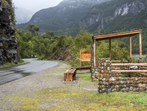 Road Carretera Austral along river Rio Cisnes, viewpoint mirador El Lobo, Patagonia, Chile, South