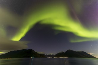 Northern Lights, (Aurora borealis) at a fjord near Skjiervoya, September 2024, Lapland, Finnmark,