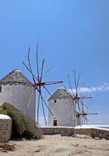 The windmills, the landmark of Mykonos, Cyclades island, Greece, Europe