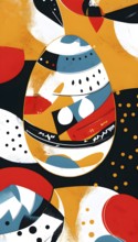 Illustration of an abstract Easter egg design with geometric patterns, bold colors, and a mix of