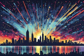 Minimalist, geometric skyline at night, with subtle fireworks in the sky, represented by colorful