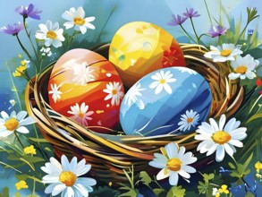 Illustration of of vibrant colored Easter eggs in a wicker basket, surrounded by delicate spring