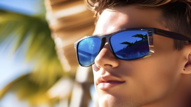 Portrait of a young man with modern vibrant sunglasses with sandy beach in background, AI generated