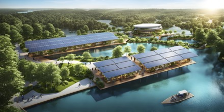 3d rendering of a sustainable engaged waterfront development with floating solar panels, AI