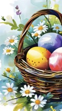 Illustration of of vibrant colored Easter eggs in a wicker basket, surrounded by delicate spring