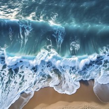 Aerial view of massive blue ocean wave to crash on a sandy beach, AI generated