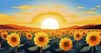 Abstract illustration of a field of sunflowers backlight with beautiful sunrise, AI generated