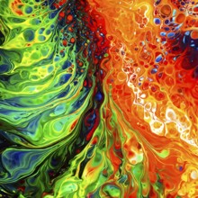 Dynamic abstract background with swirling liquid patterns and colorful light refraction, creating a