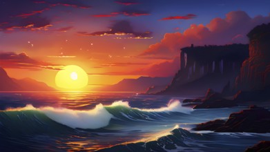 Abstract illustration of a sunset in a coastline landscape with cliffs in vivid and vibrant colors,