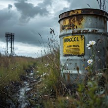 Representation of illegal nuclear waste barrel leaking radioactive material, AI generated