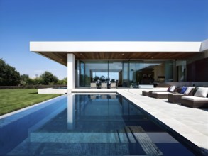 3d render of a modern sustainable house with a swimming pool, AI generated