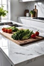 Minimalist kitchen with sleek, white cabinetry and a marble countertop, featuring a single wooden