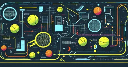 Vibrant mix of abstract circuitry intertwined with tennis balls, representing AI role in