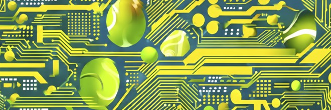 Vibrant mix of abstract circuitry intertwined with tennis balls, representing AI role in