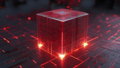 Three dimensional render of a red glowing blockchain cube, AI generated