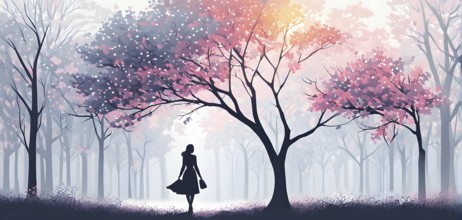 Abstract minimalist spring scene with a single, sharp silhouette of a young woman and of a blooming