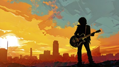 Illustration of a rock star silhouette clutching guitar against abstract urban skyline morphing