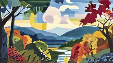 Abstract canvas illustration of a serene nature hike scenery with majestic mountains, AI generated