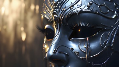 3d rendering of a mask adorned with tears suspended on a wall, AI generated