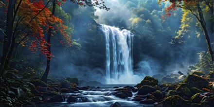 Waterfall in a forest in autumn with vibrant leaves, AI generated