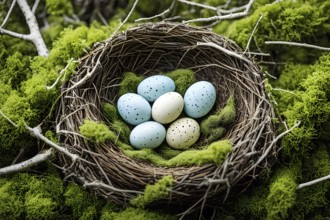 Bird nest filled with speckled eggs, nestled among fresh spring branches and soft moss, AI