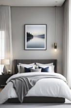 Empty modern bedroom with a large, plush bed covered in white linens, a single framed artwork on