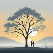 Abstract minimalist spring scene with a single, sharp silhouette of a couple and a blooming tree,