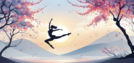 Abstract minimalist spring scene with a single, sharp silhouette of a rhythm gymnastic and of a