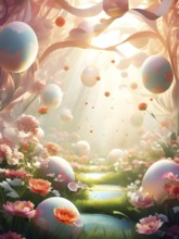 Surreal Easter scene with floating eggs, ribbons, and flowers in a dreamlike, whimsical composition