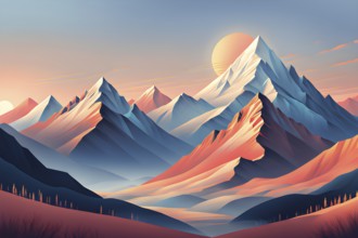 Minimalist landscape with stylized mountains and a setting sun, represented by simple geometric