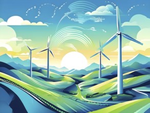 Abstract wallpaper illustration of interconnected wind turbines, represented by flowing lines and