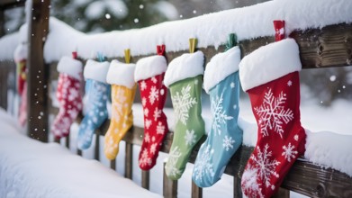 Row of Christmas stockings hanging from a snow-covered wooden fence, with delicate frost patterns