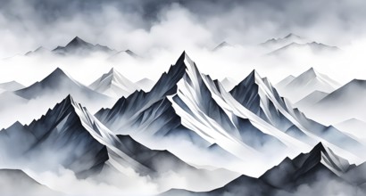 Abstract mountain range made of clean, geometric shapes with varying tones of grey and white, AI