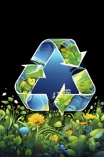 Recycling symbol morphing into growing plants and solar cells to symbolize the transformation of