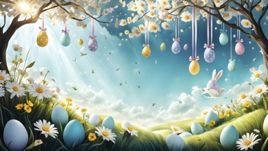 Surreal Easter scene with floating eggs, ribbons, and flowers in a dreamlike, whimsical composition