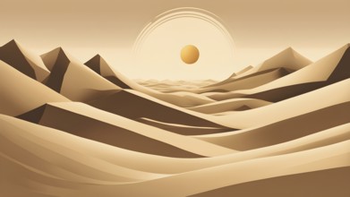 Abstract desert scene with triangular sand dunes and a single circular sun, using sharp lines and