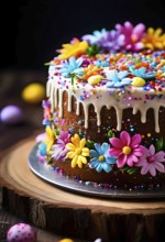 Decorated Easter cake with intricate icing flowers and colorful sprinkles, placed on a rustic