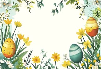 Abstract illustration of a Easter card with delicate colorful hand-drawn illustrations, empty space