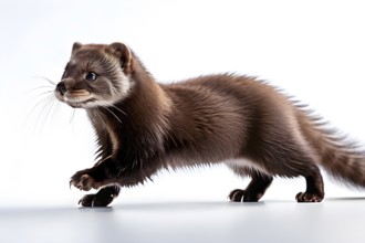 European mink mid stride side profile against white background, AI generated