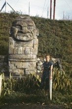 Pre-Columbian monument carved in stone in the city park, Medellin, Colombia, South America 1961,